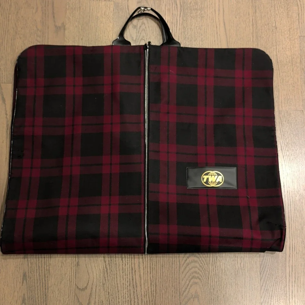 Vintage TWA Airlines Garment Bag Red Black Plaid Suiter Travel Luggage Logo